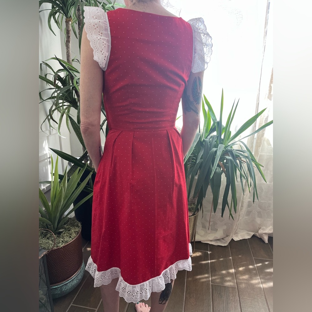 Vintage pin up lace sleeve polka dot fitted dress great condition - Picture 3 of 10
